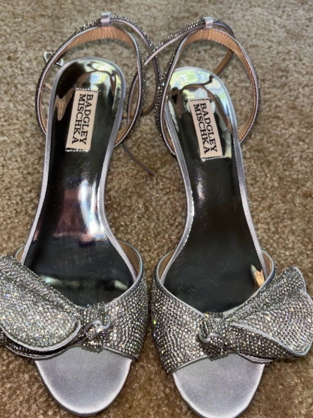Badgley Mischka Silver Crystal Bow Ankle-Strap Heels